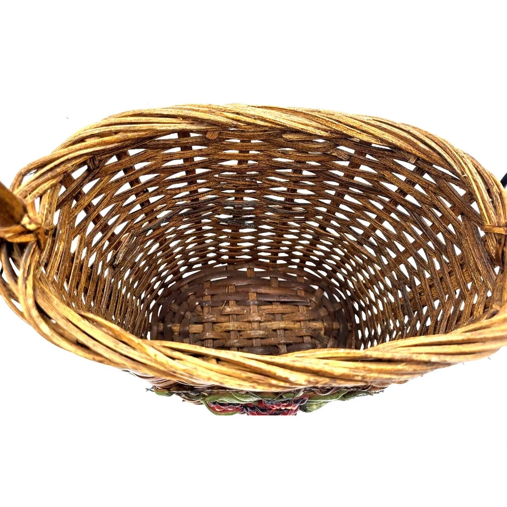 Vintage Farmhouse Basket with Strawberries Bamboo Handle 17x6